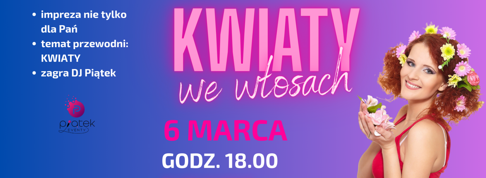 uśmiechnięta kobieta z kwiatami, npis kwiaty we włosach 6 marca