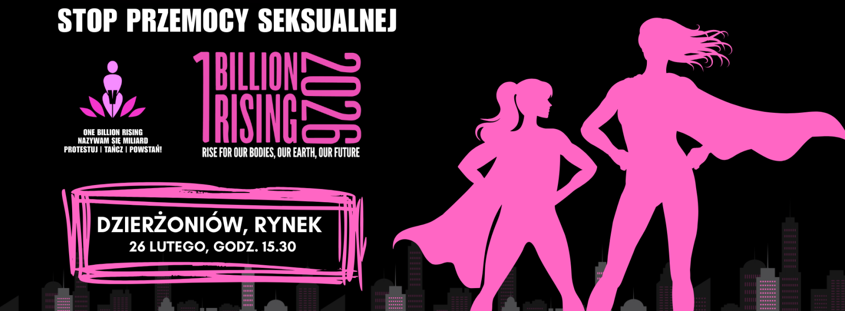 czarno -różowy plakat zacgęcający do udziału w wydarzeniu One Bilion Rising 26 lustego w Rynku w Dzierżoniowie