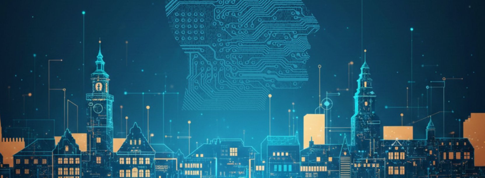 cyfrowy obraz miasta na tle nieba cyfrowa postać - głowa człowieka