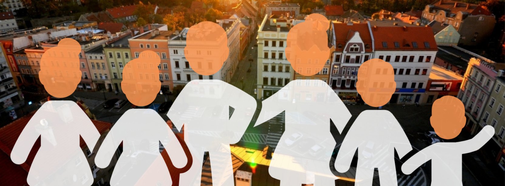 Graficzne sylwetki osób w różnych wieku na tle zdjęcia miasta