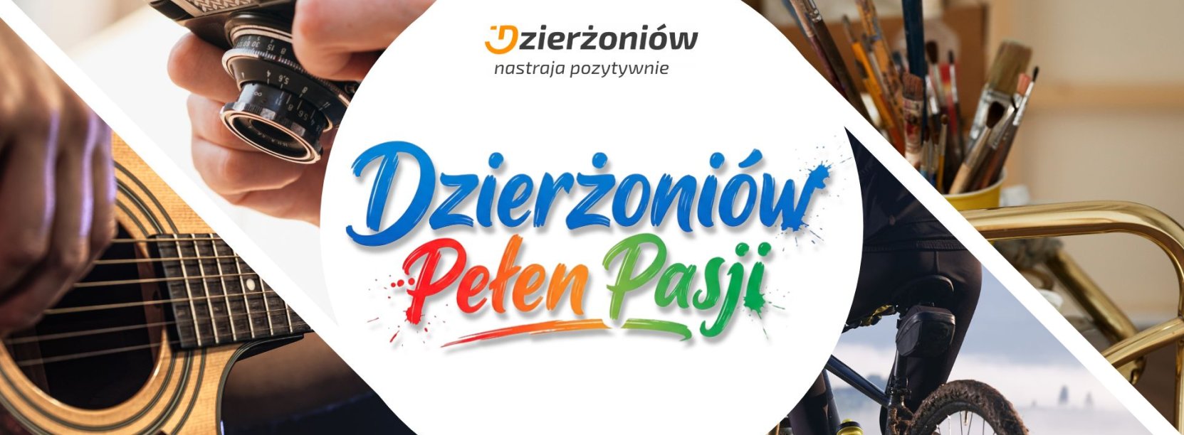 Grafika - w białym kole napis Dzierżoniów Pełen Pasji, poza nim kolaż zdjęć gitary, aparatu, rowerzysty i pędzli