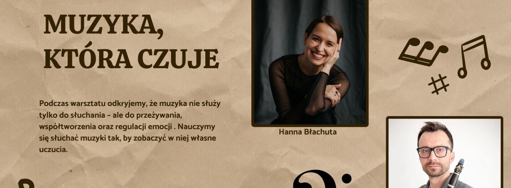 Grafika, napis Muzyka, która czaruje i zdjęcie śpiewaczki i klarnecistki