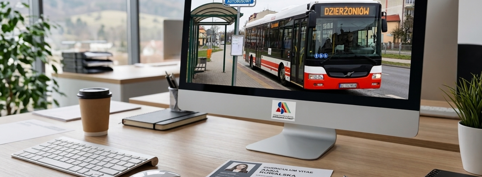 Zdjęcie biurka z CV i autobusem na monitorze komputera