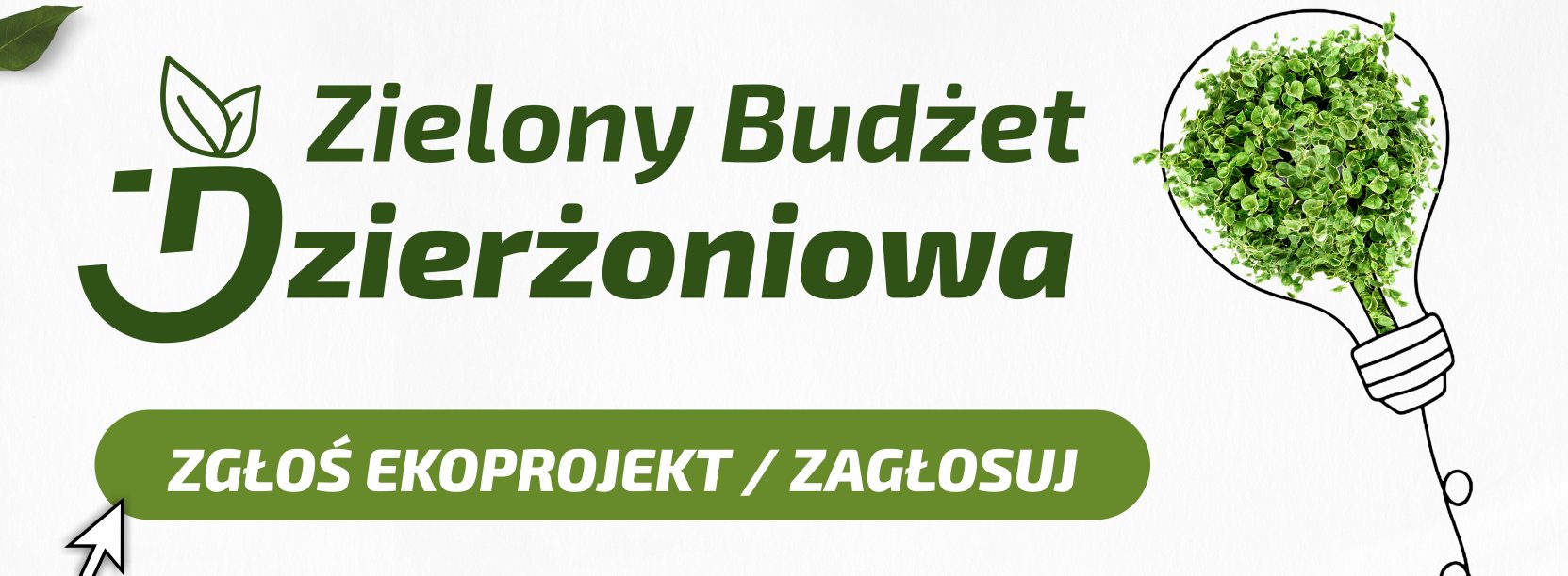 Plansza z napisem Zielony Budżet Dzierżoniowa 2026 i żarówką z roślinami w środku