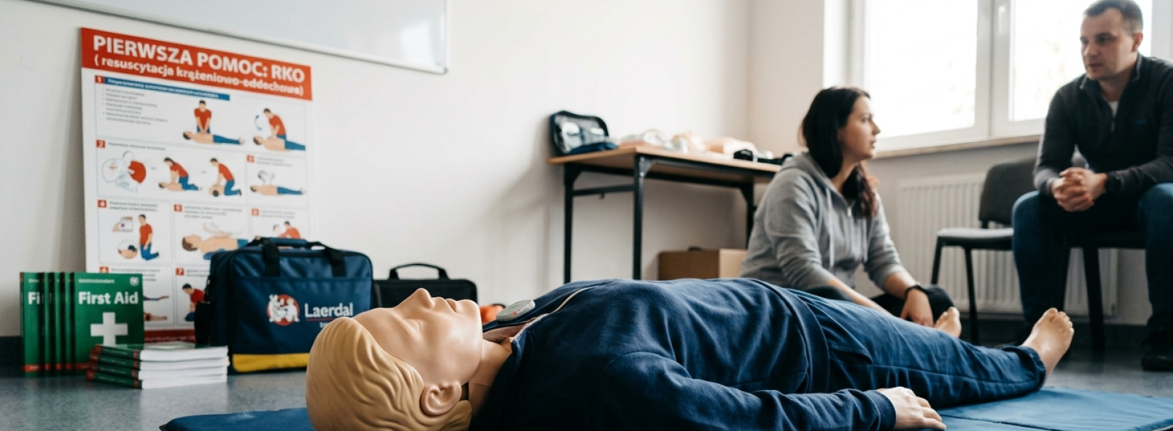 Manekin do nauki pierwszej pomocy leżący na podłodze w klasie, obok kobieta i meżczyzna