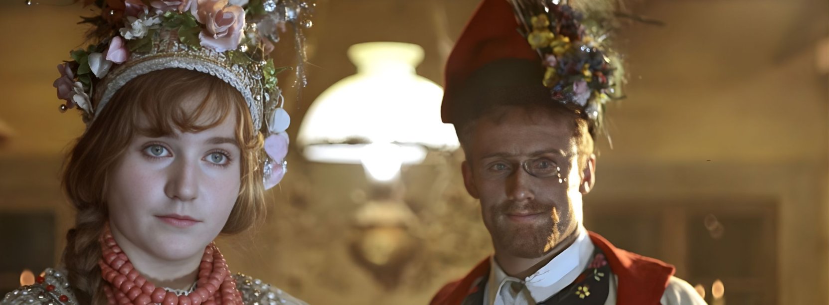 Kadr z filmu Wesele - kobieta i mężczyzna w ludowych strojach