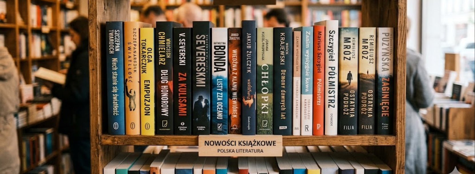 Regał z książkami, w tle inne regały i stojący przy nich ludzie