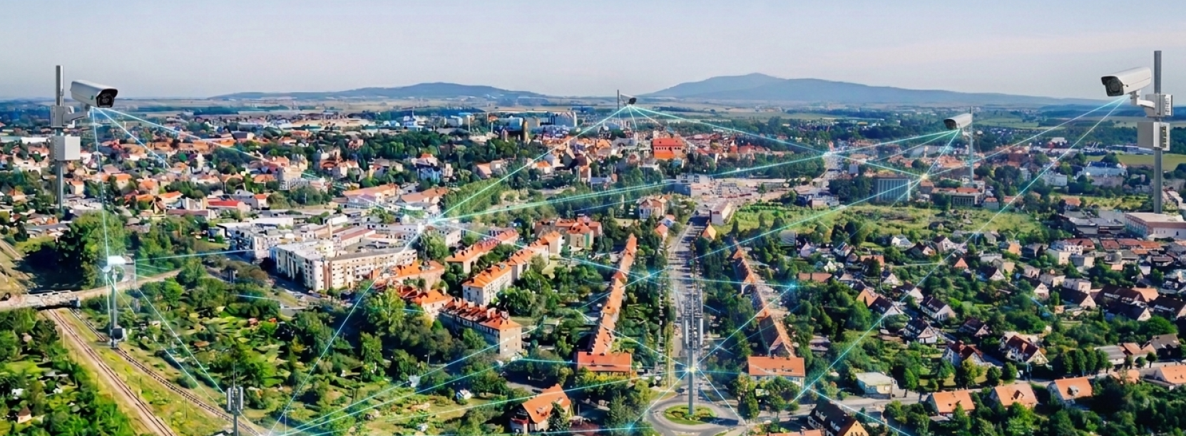 Dzierżoniów z lotu ptaka, na zdjęcie naniesione 4 kamery do monitoringu