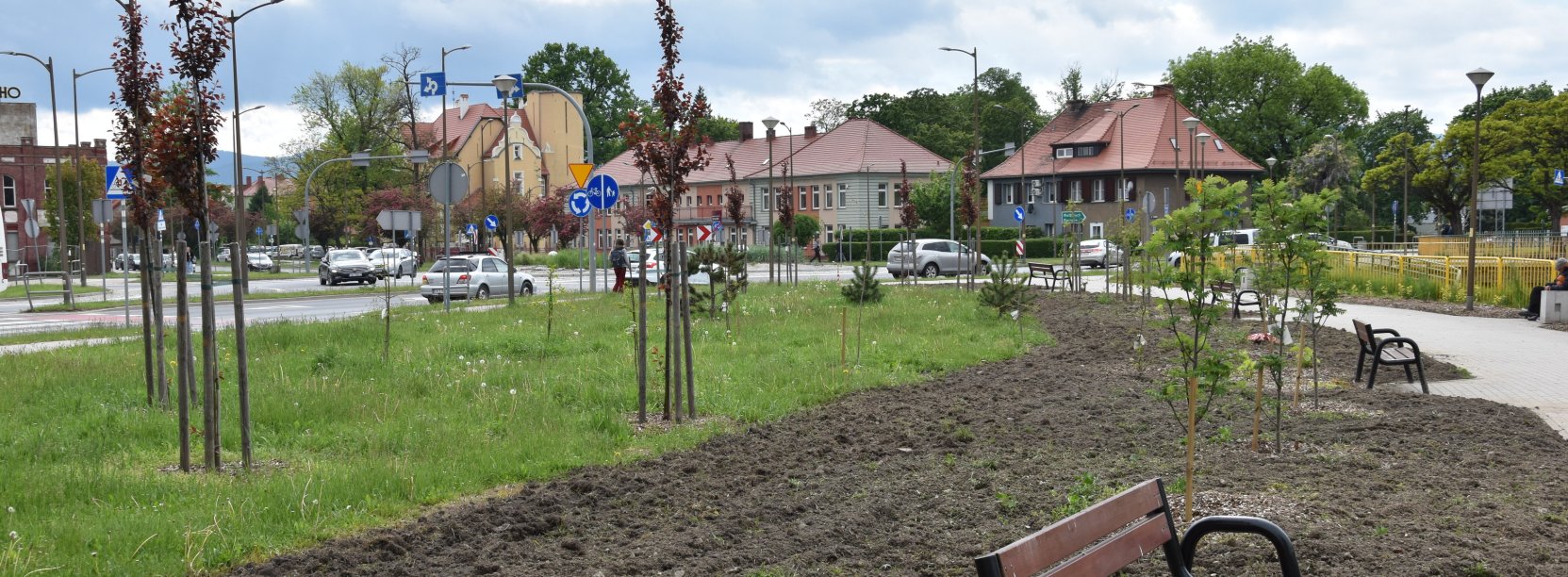Duży teren zielony pomiędzy drogą a chodnikiem
