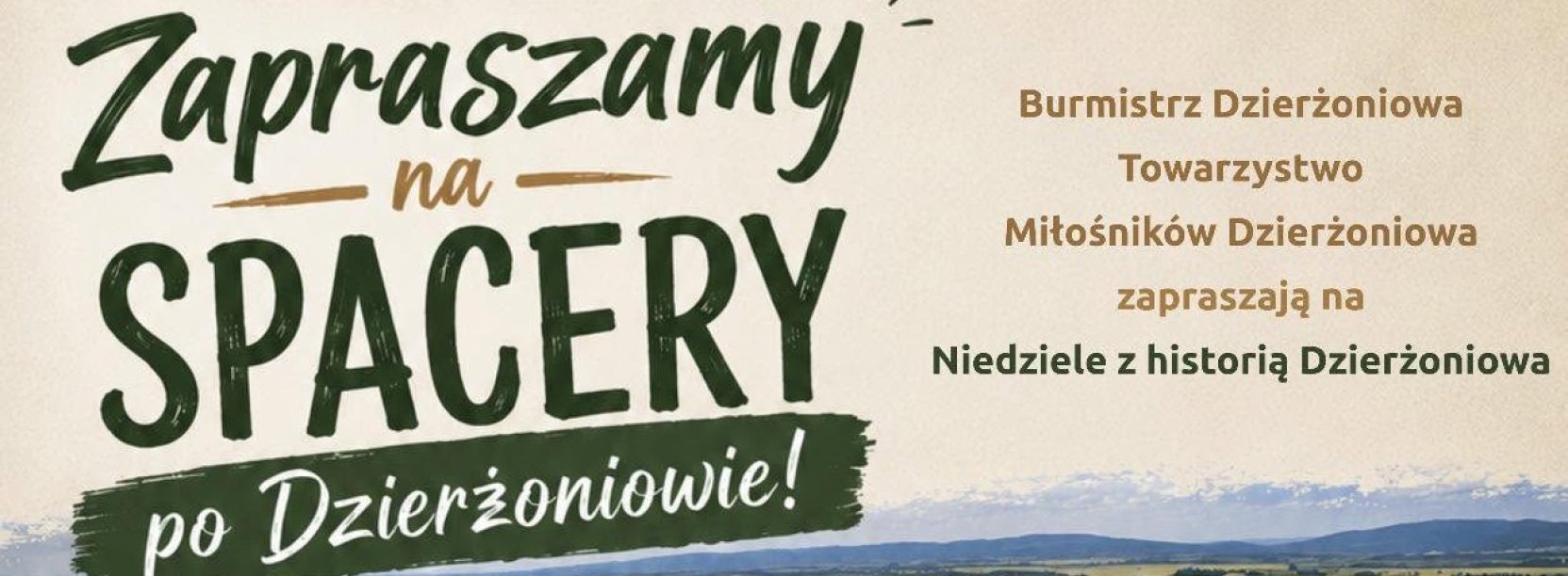 Grafika z napisem Zapraszamy na spacery i zdjęciem panoramy miasta