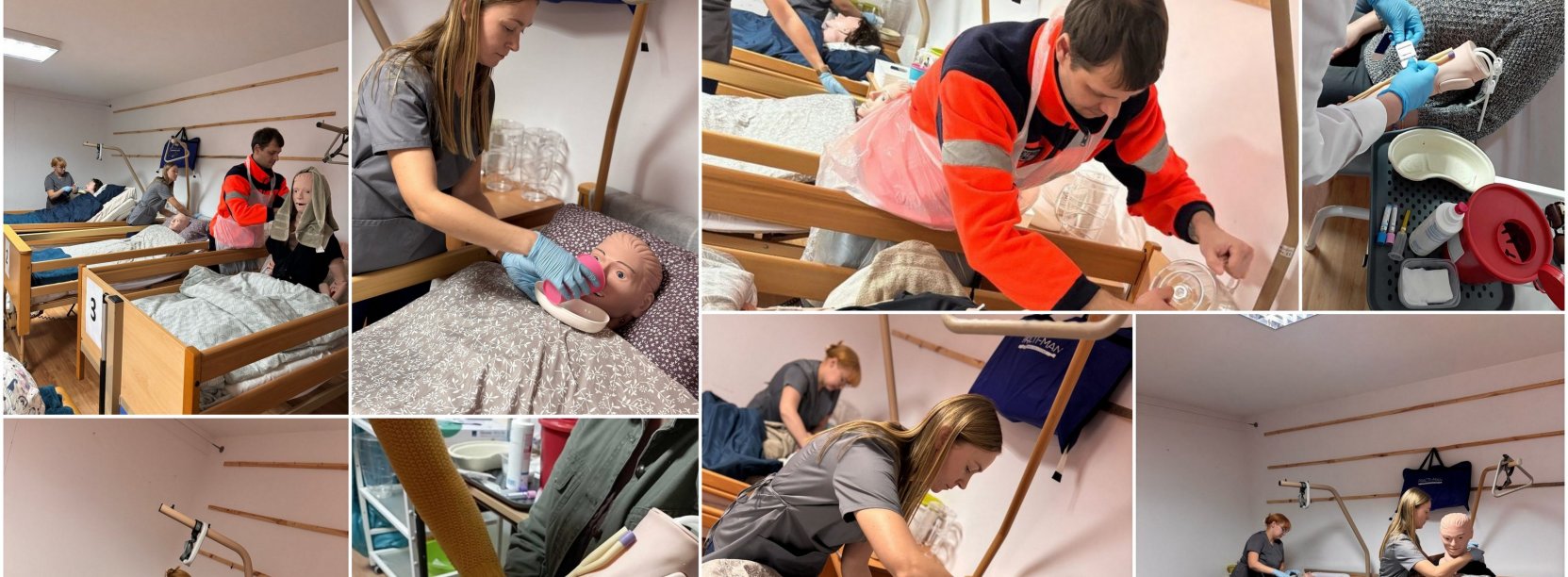 Kolaż zdjęć pokazujących szkolenie z opieki z wykorzystaniem manekinów