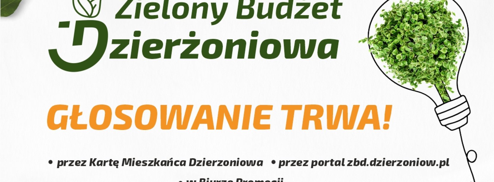 Grafika z logo Zielonego Budżetu Dzierżoniowa z napisem "Głosowanie trwa"