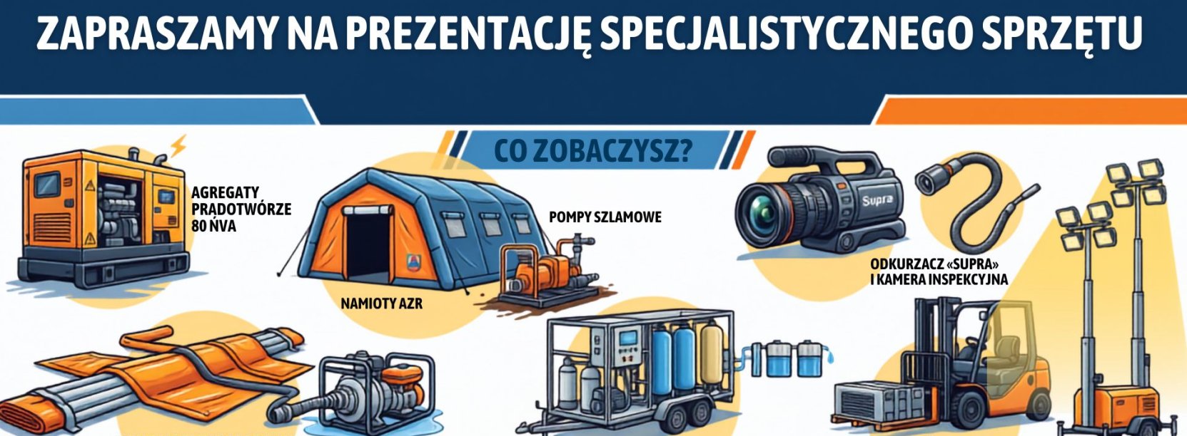 planasza z napisem zapraszamy na prezentację specjalistycznego sprzętu i rysunkiem sprzętów