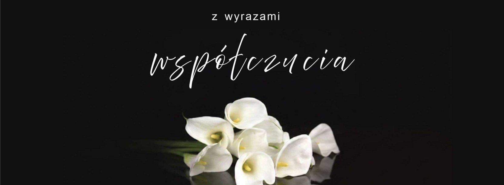Białe dalie na czarnym tle, napis z wyrazami współczucia