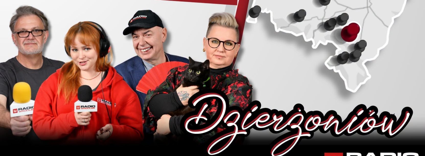 grafika ze zdjęciem czterech dziennikarzy Radia Wrocław i napisem: Gdzie jest nasze radio? Dzierżoniów