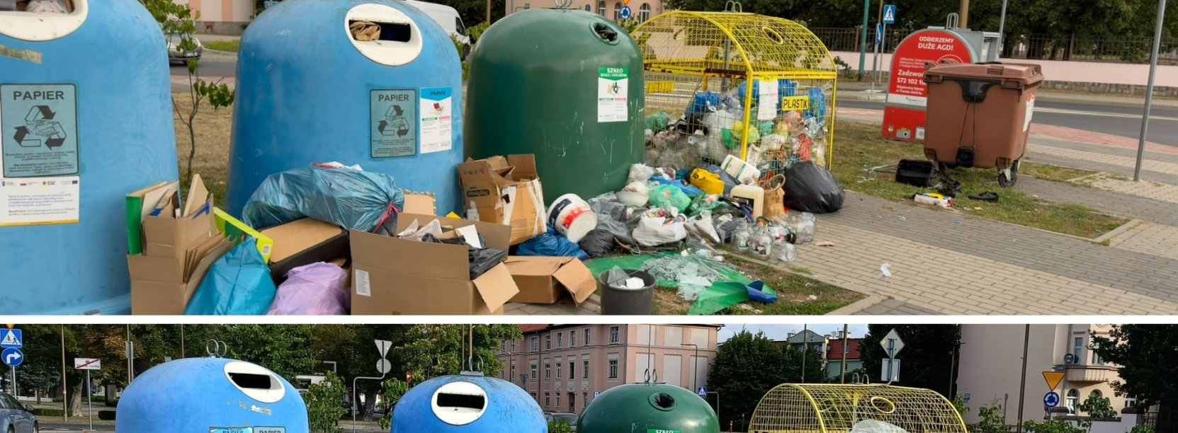 Kolaż dwóch zdjęć pojemników do segregacji odpadów