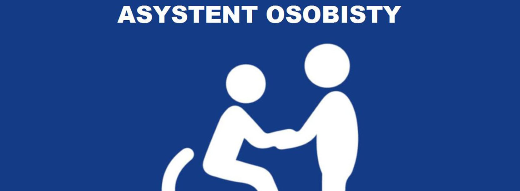 Grafika z niebieskim tłem i białym rysunkiem osoby na wózku inwalidzkiej i drugiej osoby stojącej naprzeciw