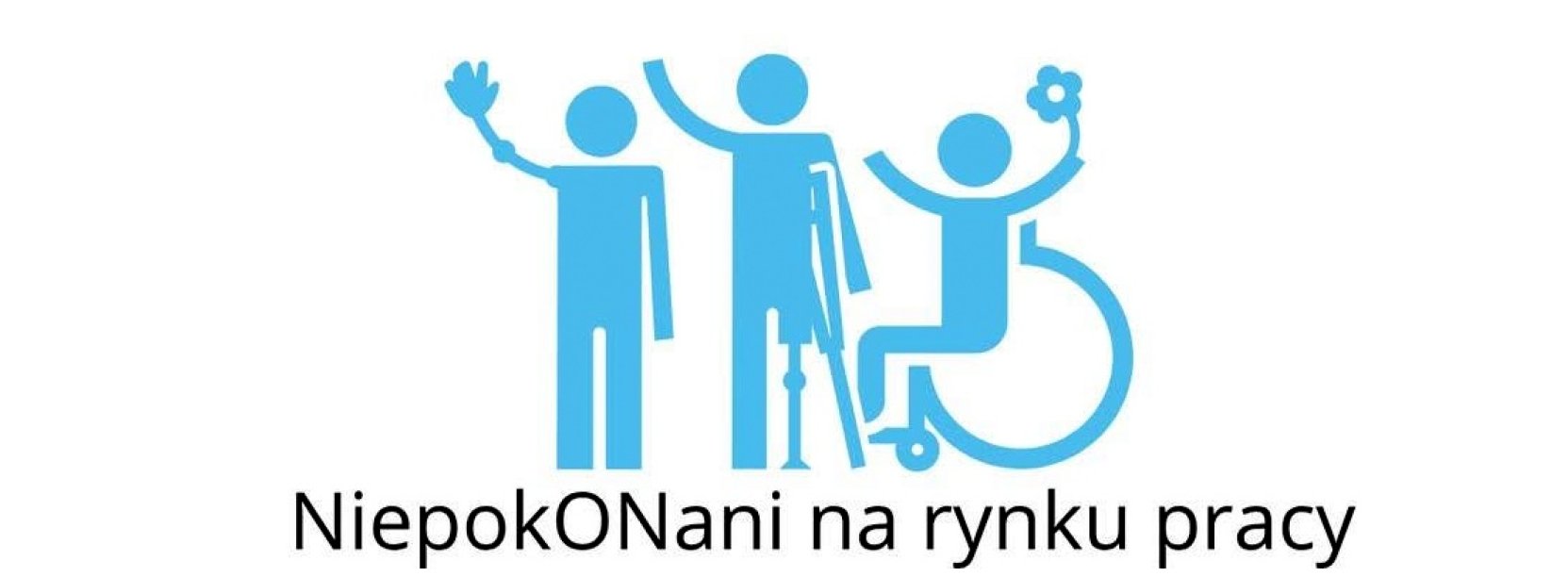 Czarny napis "Niepokonani na rynku pracy" i niebieskie stylwetki trzech osób