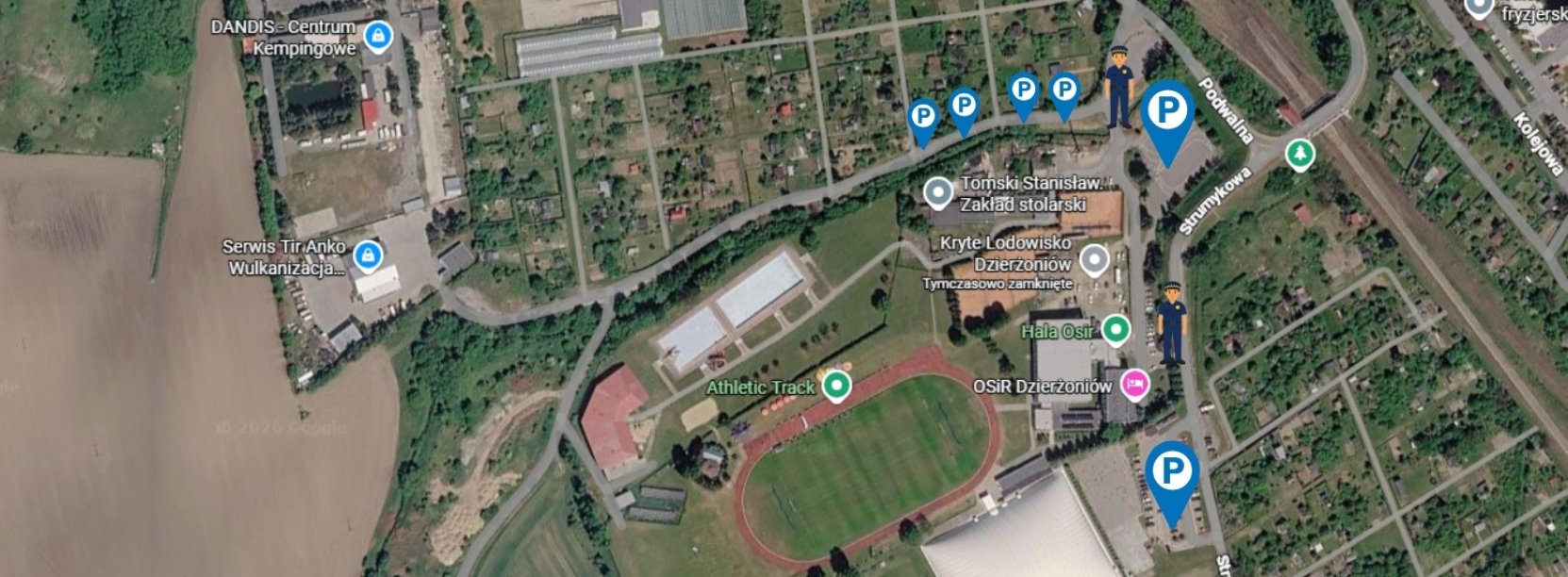 Fragment z Google Maps z zaznaczonymi możliwościami parkowania