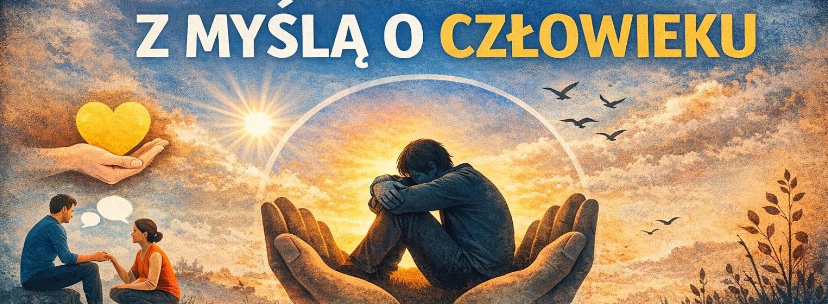 Grafika - rozłożone dłonie na których siedzi skulony mężczyzna, obok para podająca sobie ręce