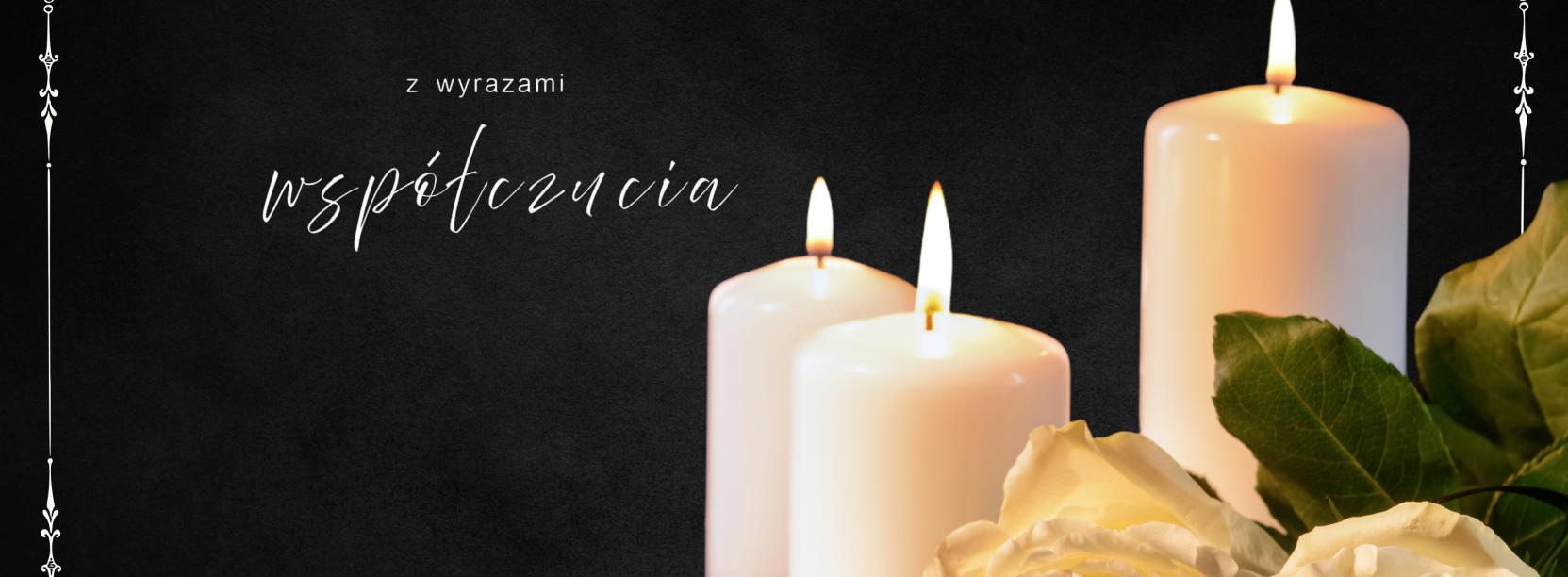 Czarna plansza ze świecami i kwiatami oraz napisem "z wyrazy współczucia"