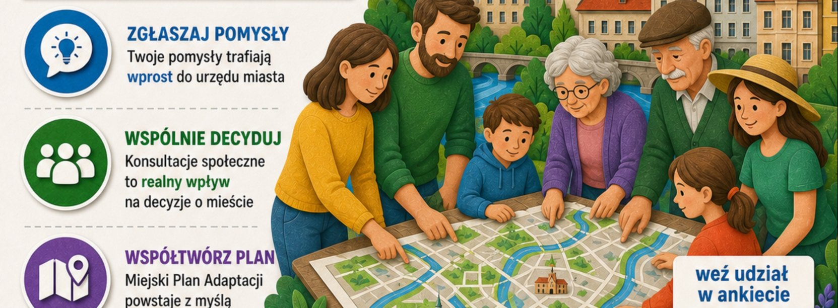 Rysunek rodziny pochylonej nad mapą i napis Twój głos kształtuje miasto