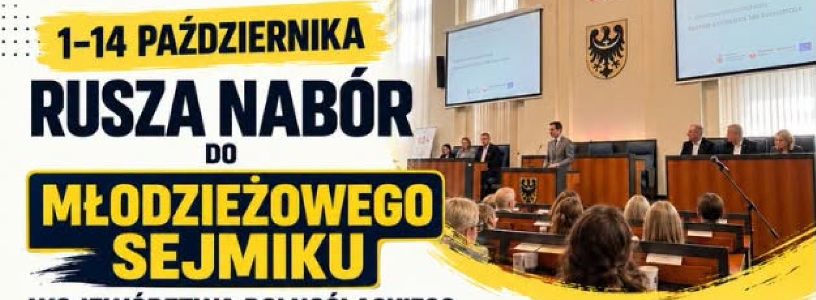 Grafika z informacjami podanymi w tekście i zdjęciem obrad sejmiku