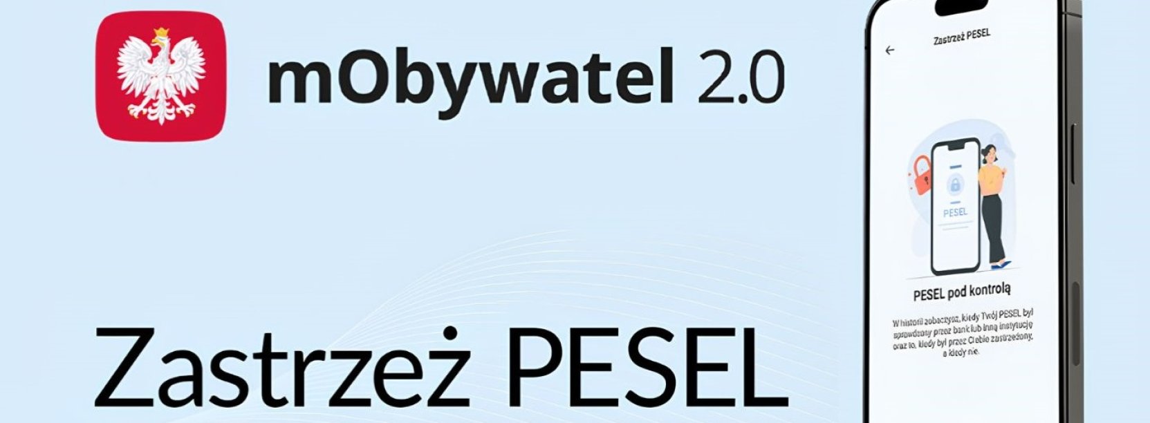 Grafika z napisem "Zastrzeż PESEL" i zdjęciem telefonu komórkowego