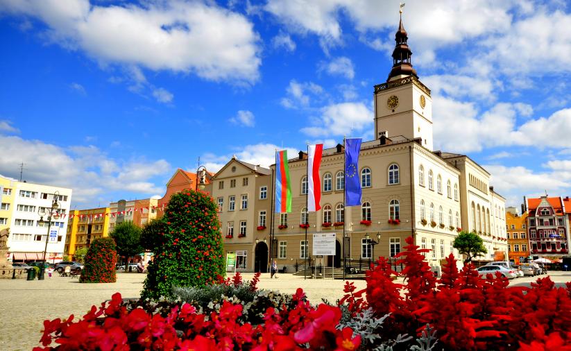 Widok dzierżoniowskiego ratusza z falgami miasta, Polski i Unii Europejskiej, na pierwszym planie czerwonie kwiaty