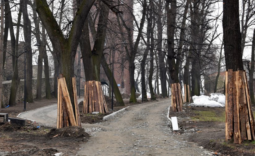 Dwie alejki parkowe, po lewej fragment murów obronnych