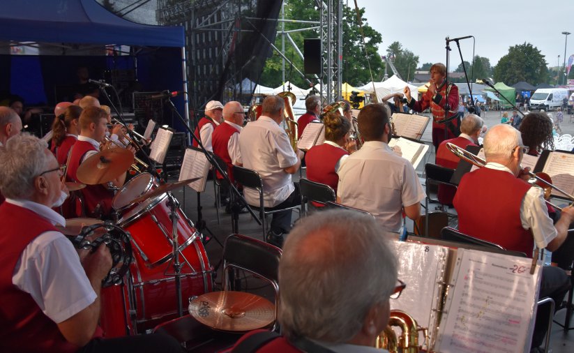 Koncert orkiestry dętej, widok ze sceny w tle dyrygent, za nim publiczność 