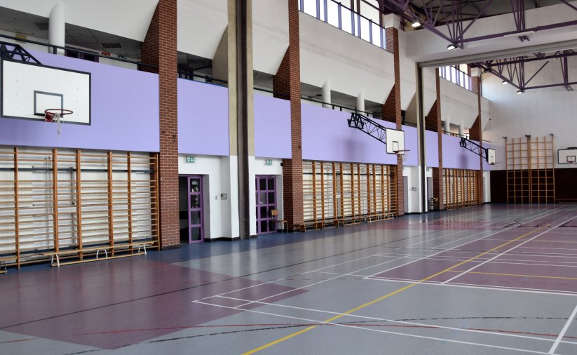 Hala sportowa z kolorowym parkietem, przy ścianie drabinki i kosze do gry