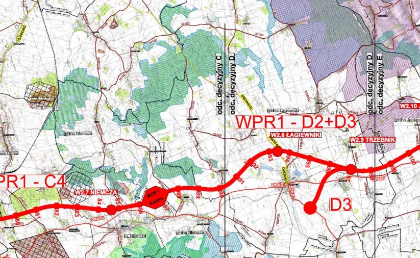 Mapa obrazująca przebieg nowej drogi ekspresowej z Wrocławia do Kłodzka