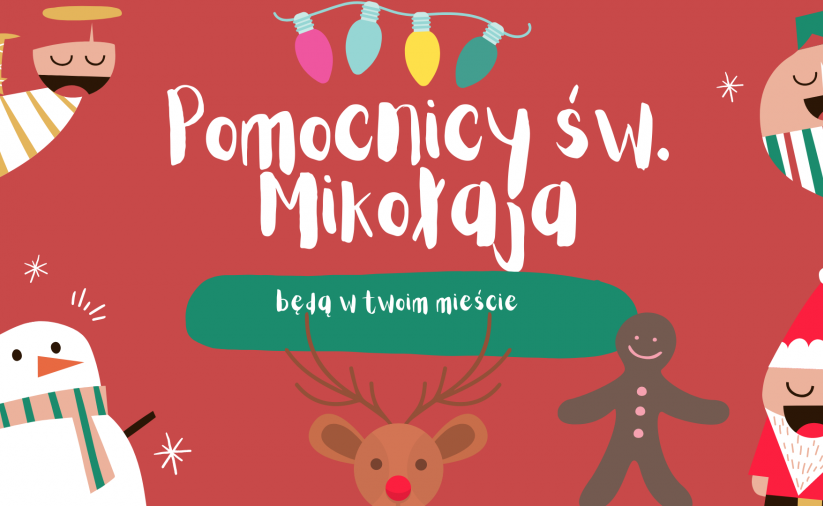 Świąteczna grafika z bałwankami i napisem Pomocnicy Św. Mikołaja