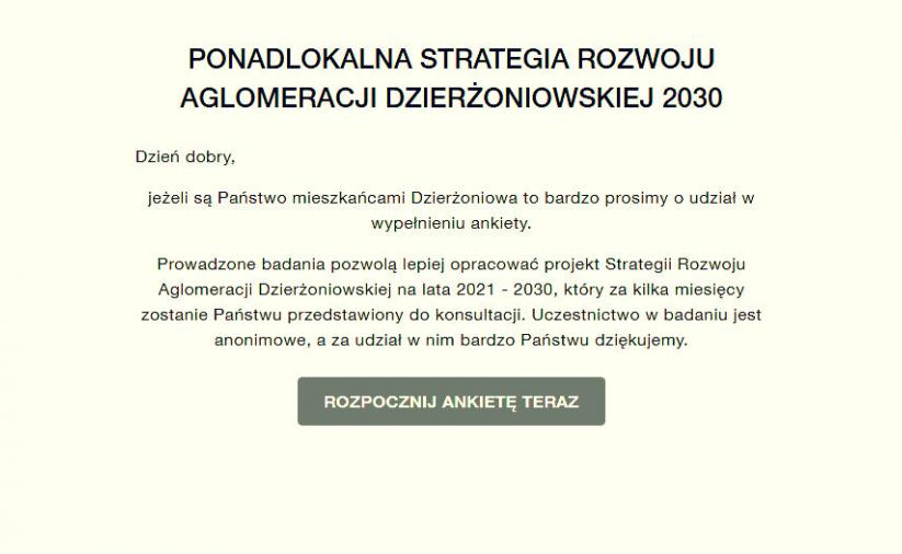 Widok na stronę początkową ankiety z napisem Wypełnij ankietę