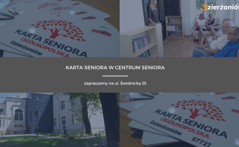 Grafika ze zdjęciami senirów, centrum seniora i kartą seniora