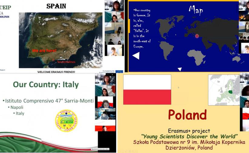 Uczniowie SP 9 spotkali sie online z rówieśnikami z Grecji, Hiszpanii i Włoch w ramach projektu Erasmus+ „Young Scientists Discover the World”