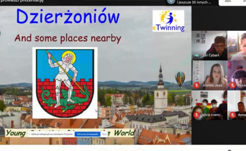Screen monitora komputera - uczniowie podczas spotkania online prezentują swoje miasto - Dzierżoniów