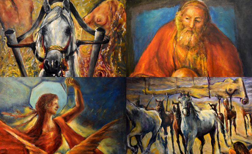 Kolaż czterech obrazów przedstawiających konie, starca i kobietę 