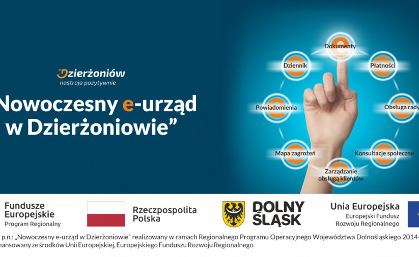 Grafika na niebieskim tle z napisem Nowoczesny e-urząd w Dzierżoniowie 