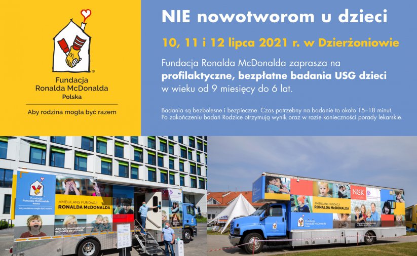 Kolorowy ambulans pod budynkiem, informacja o bezpłatnych badaniach przesiewowych dla dzieci w ramach akcji "Nie  nowotrworom"