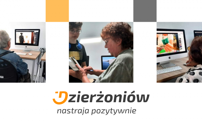 Kolaż zdjęć na których seniorzy uczą się obsługi komputera, logo Dzierżoniowa z hasłem Dzierżoniów nastraja pozytywnie 