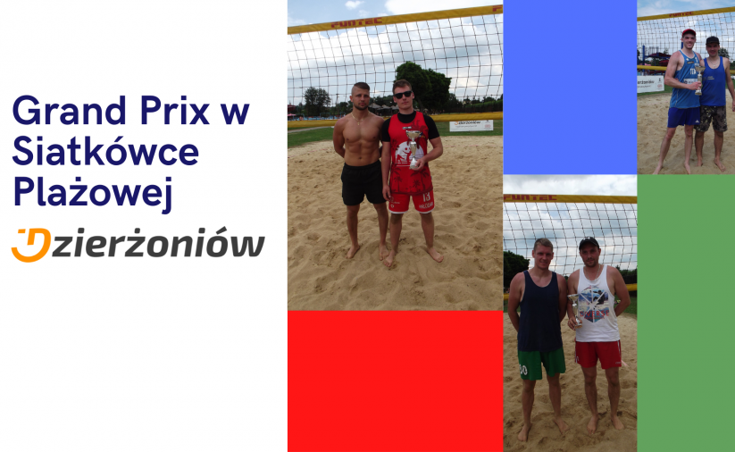 Kolaż zdjęć z zawodnikami siatkówki plażowej, którzy zajęli 1-3 miejsce w I Grand Prix oraz logo Dzierżoniowa