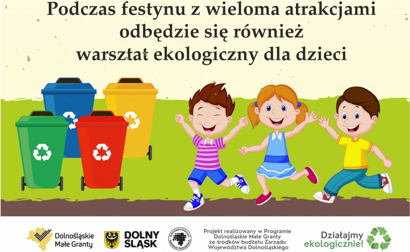 Grafika przedstawiająca rysunek dzieci i kolorowe kosze do segregowania odpadów