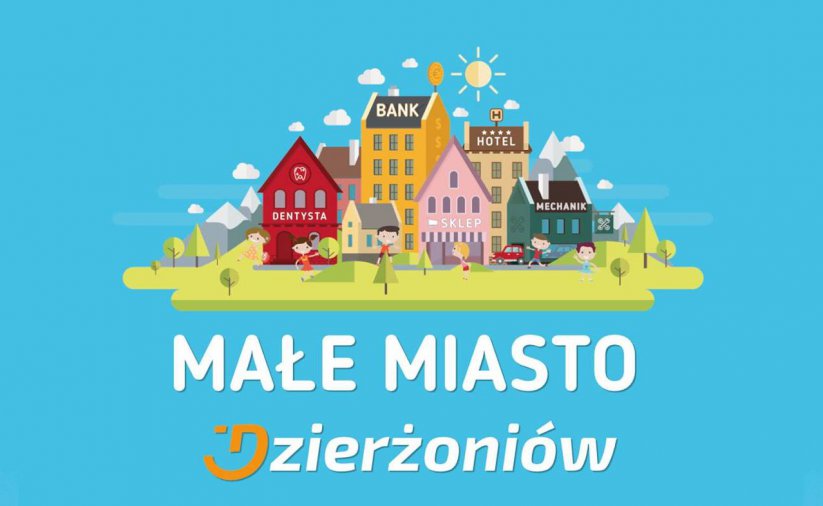 Grafika na niebieskim tle z napisem Małe miasto Dzierżoniów