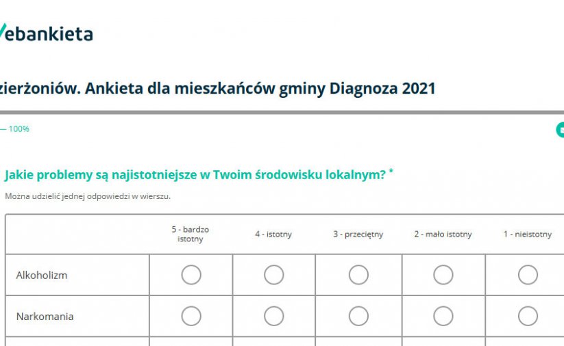 Widok ekranu z otwartą ankietą do wypeninia 