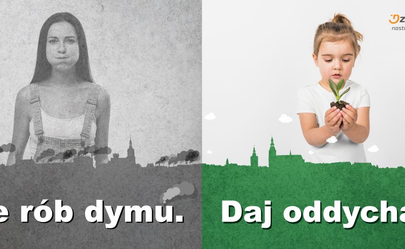 Dwójka dzieci, pod spodem napis Nie rón dymu, daj oddychać