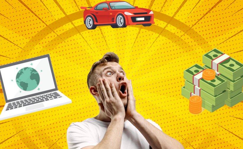 Grafika, żółte tło, rysunek laptopa, samochodu i komputera i zdjęcie mężczyzny łapiące się za głowę