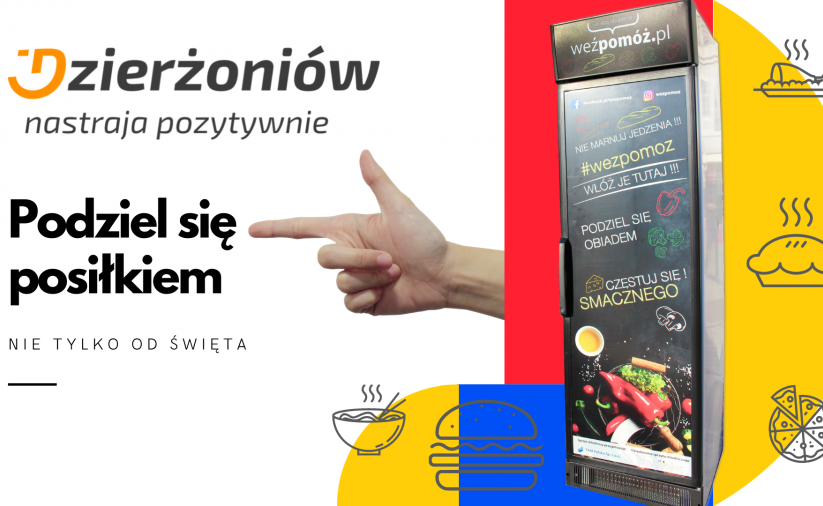 Grafika. Napisy: podziel się posiłkiem nie tylko od święta. Logotyp z hasłem Dzierżoniów  nastraja pozytywnie. Na kolorowym tle ręka i lodówka społeczna