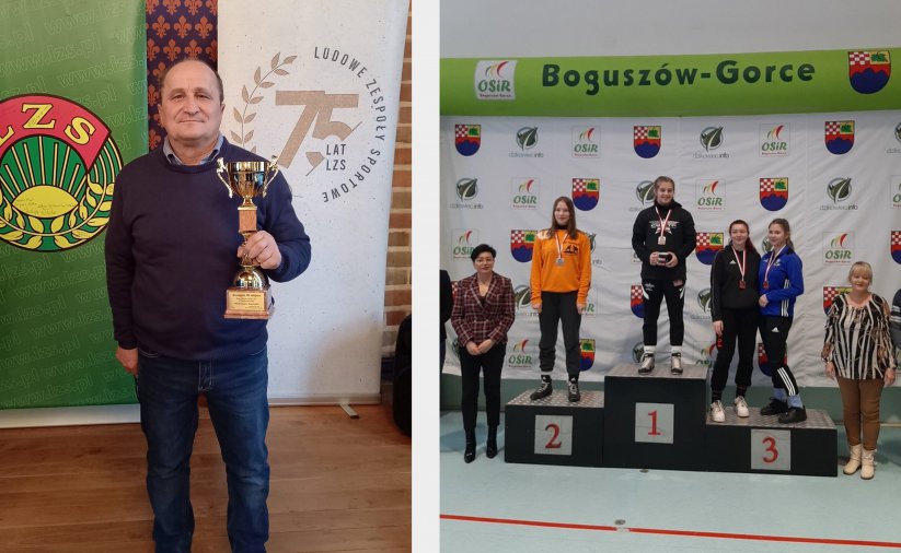kolaż zdjęć: trener Stanisław Warchoł z pucharem/zawodnicy na podium